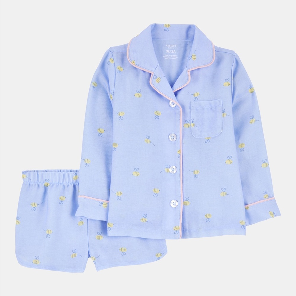 Carter's Light Blue Bee Print Short Pajama Set with Pink Trim size 2T